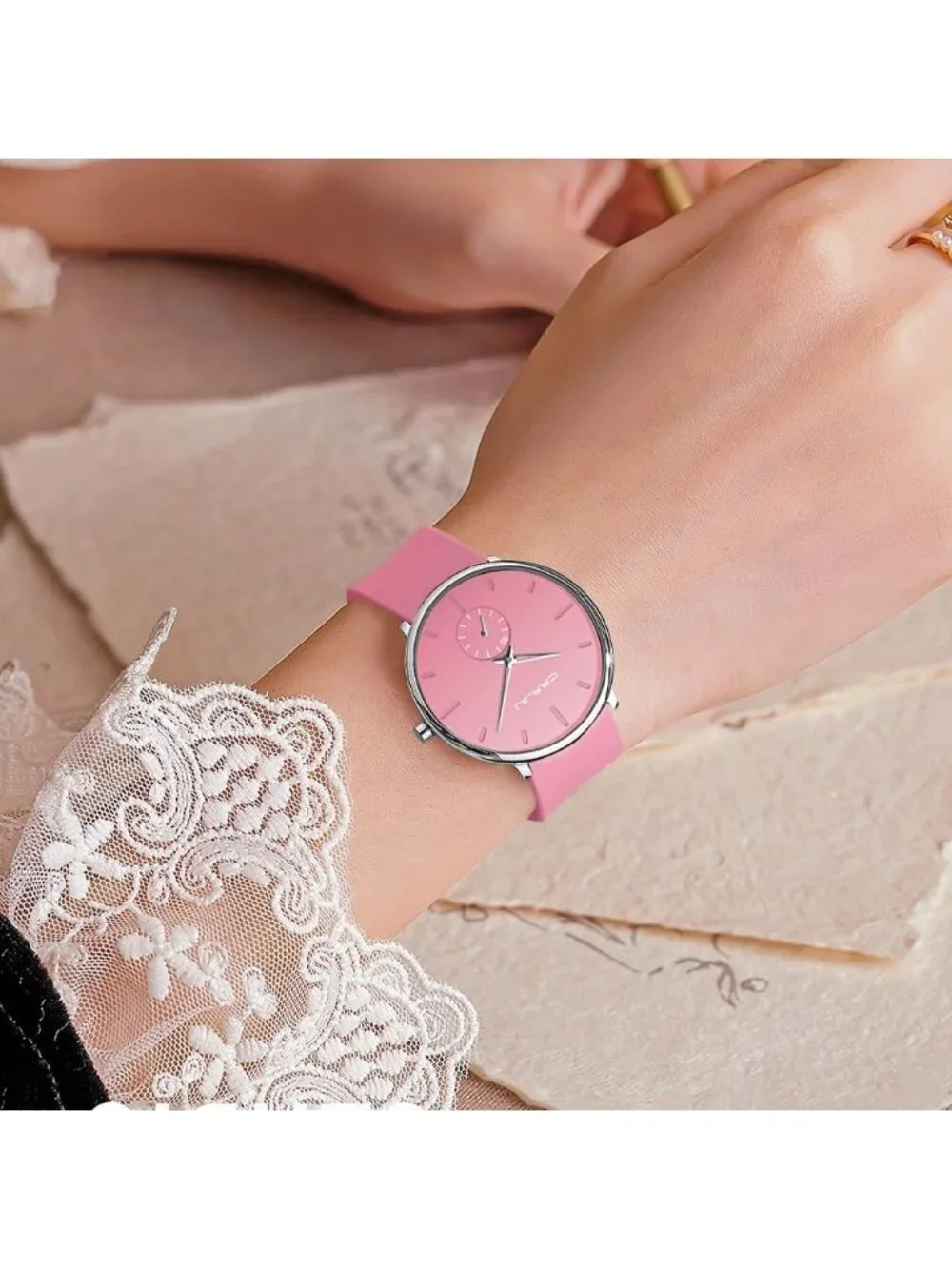 Crrju Mens Pink Stylish Waterproof Quartz Unisex Ultra Silicone Band Round Watch